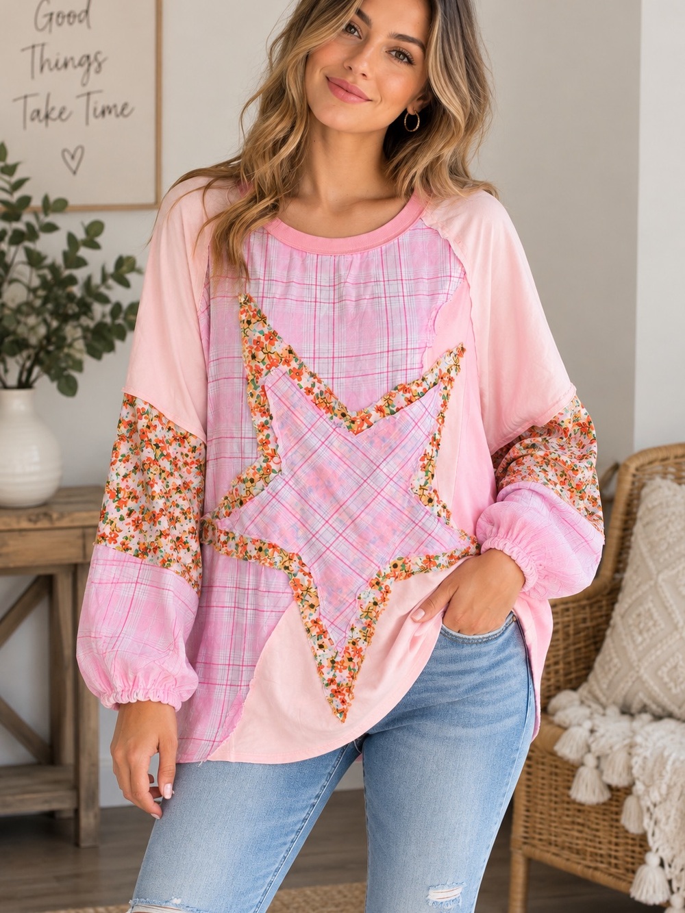 Sage + Fig Pink Patchwork Star Boho Top Size Small Oversized